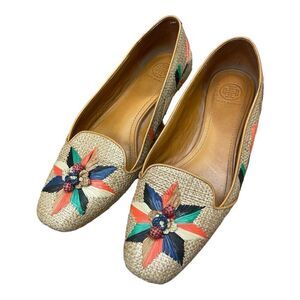 Tory Burch Neural Tan Raffia Straw Flats Size 9.5 Classic Beach Coast EUC